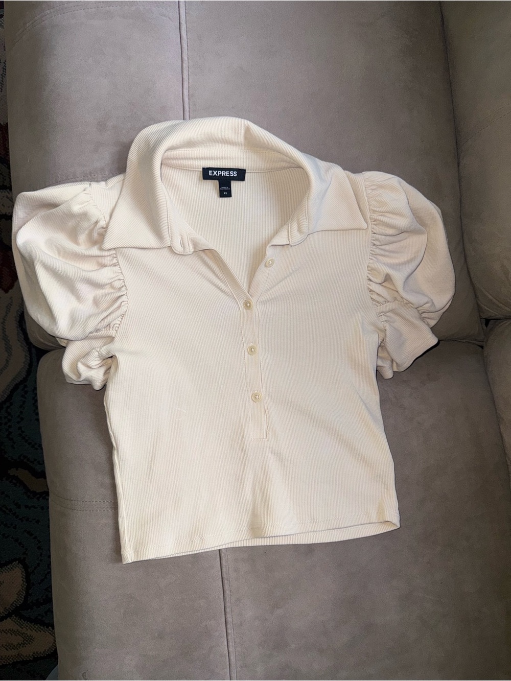 Express Cream Puff-Sleeve Button-Front Cropped Polo